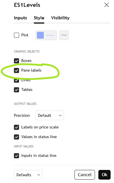 Pane labels setting in TradingView Style tab